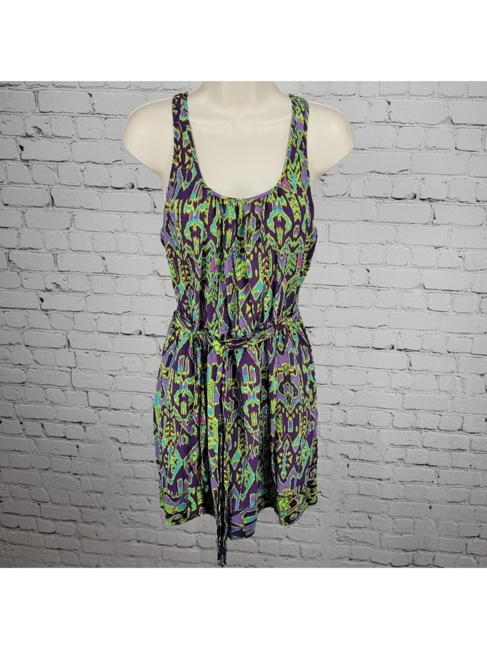 Charlie Jade Purple Green 100% Silk Aztec Belted Lightweight Dress Small S